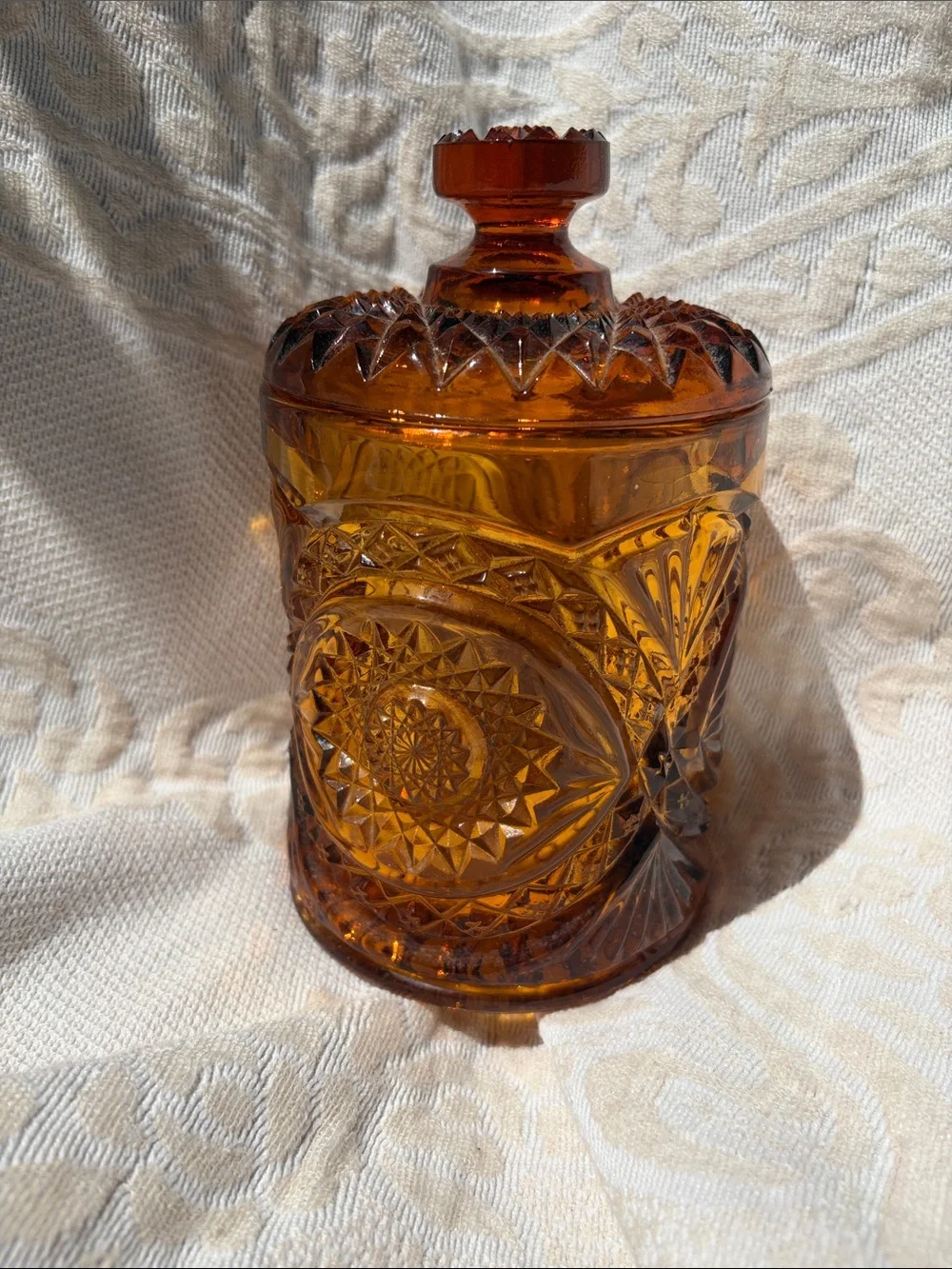 Vintage Amber Cut Glass Covered Jar - Vintage